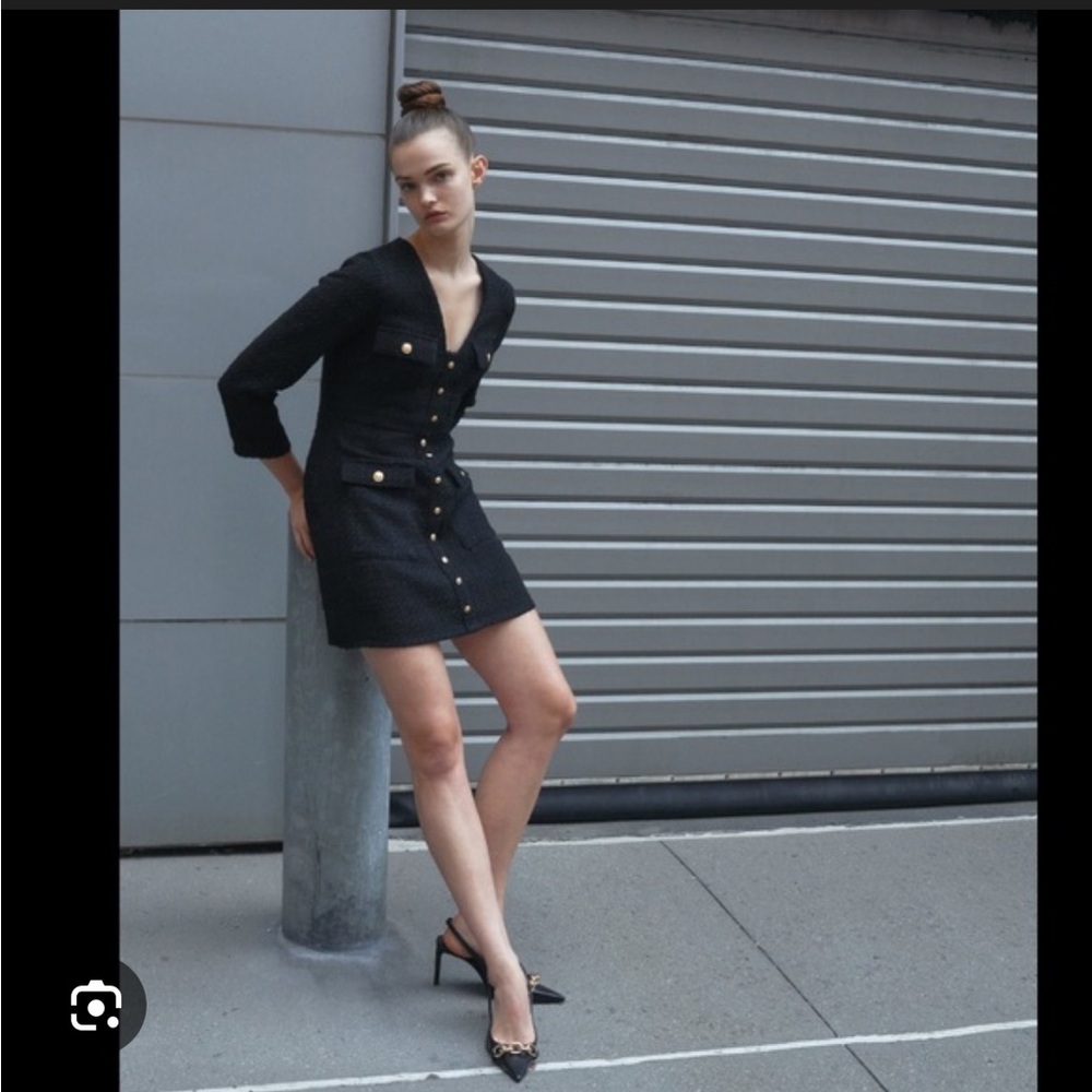 Black Zara Tweed Mini Dress Gold Buttons Size XS
